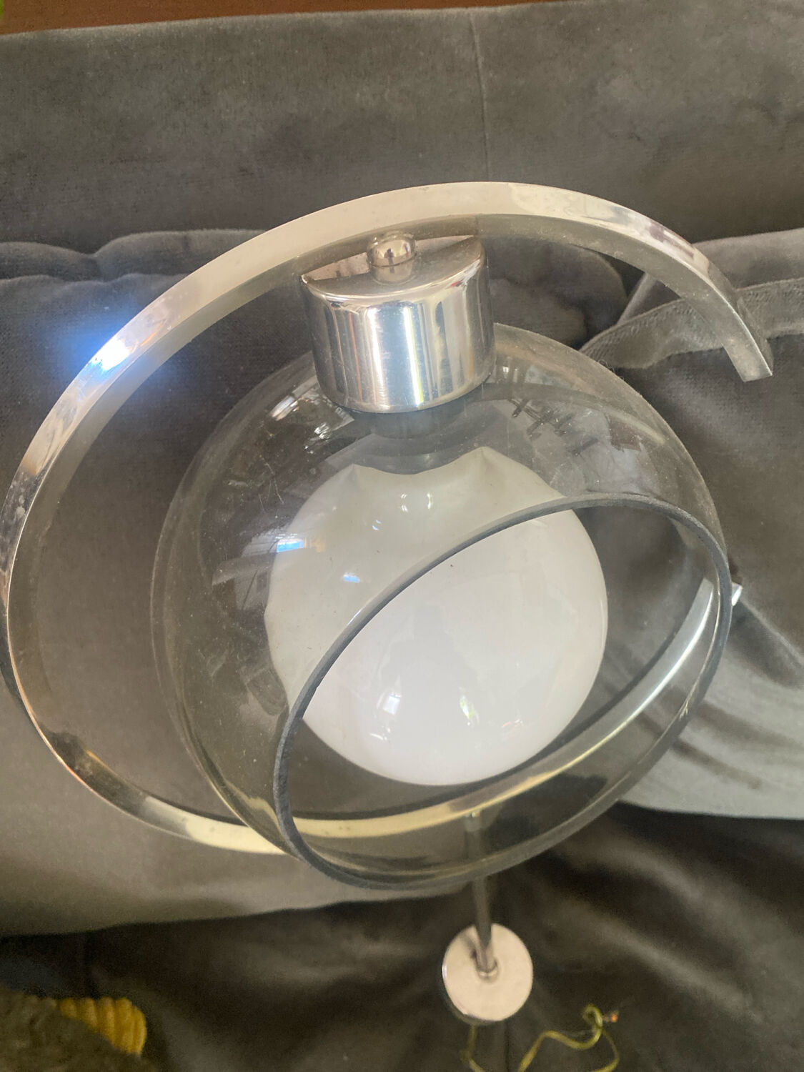 Modernist suspension 1970. Chrome and smoked globe.