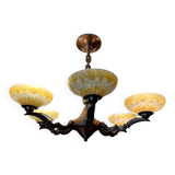 Art deco chandelier in copper with 6 glass tulips.