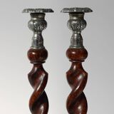 Pair of French Barley Twist candlesticks in wood with silver-plated bobeche