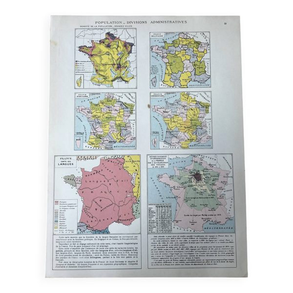 Planche cartographique - France, population et divisions - 27x37cm - 1