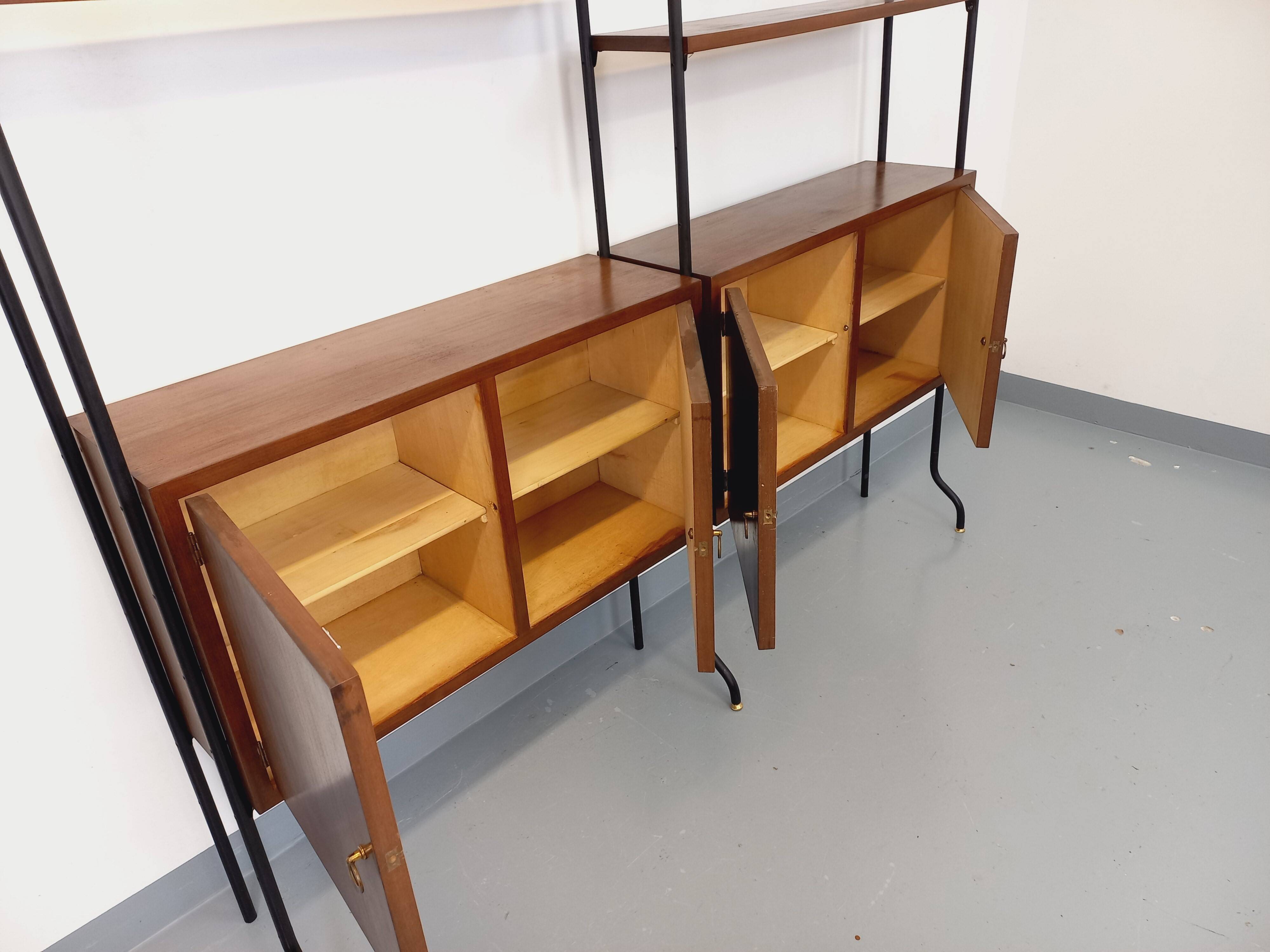 Vintage Italian double modular bookcase in wood and metal