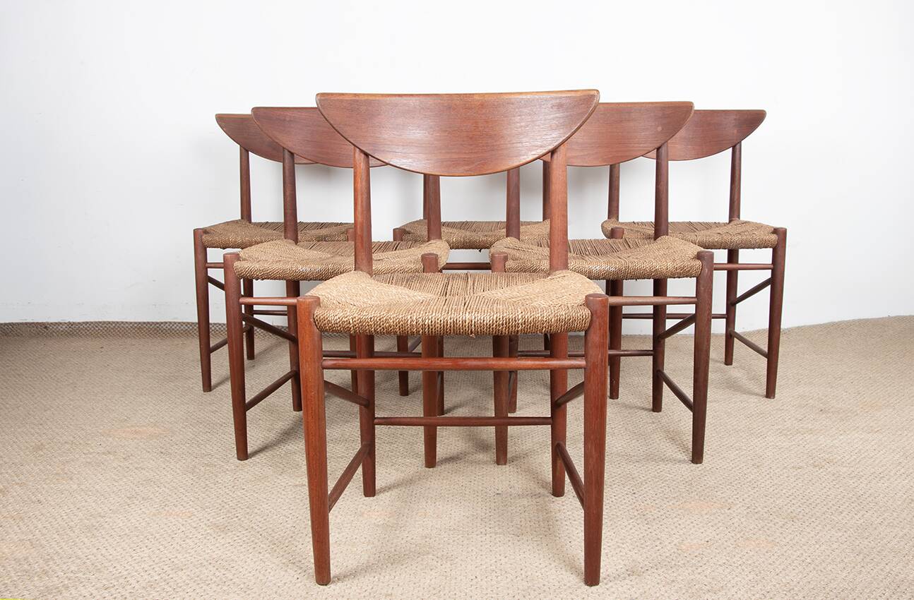 6 Danish chairs in teak and sea rush, model 316 by Peter Hvidt 1960.