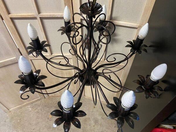 Ancien grand lustre plafonnier fer forgé art populaire déco rétro antique france