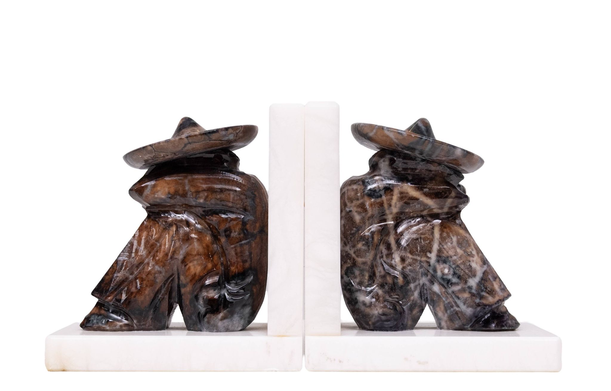 Vintage Onyx and White Marble Bookends, Sombrero Design, Mexico, 1970s
