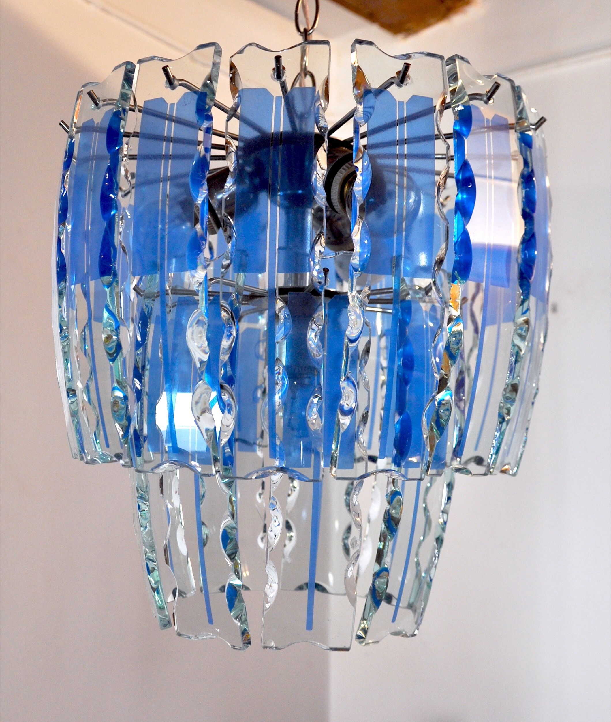 Zero Quattro chandelier, murano blue cut glass, Italy, 1970