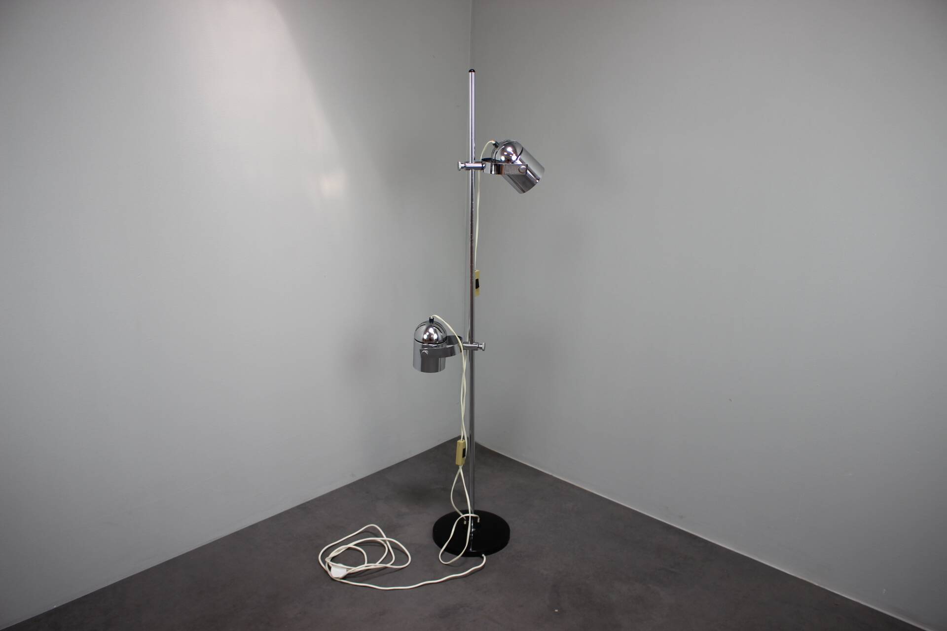 Adjustable double spotlight floor lamp "Stanislav Indra Chrome", Czechoslovakia