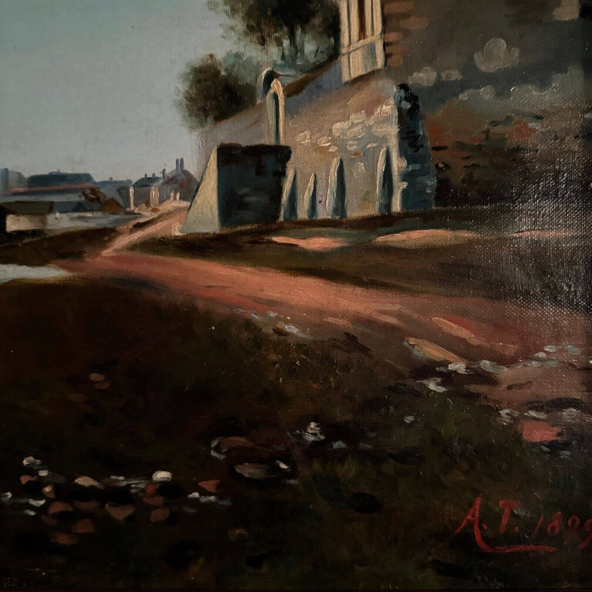 Oil on canvas riverside late 19th century monogram AT