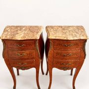 Pair of vintage French bedside tables, set of rosewood nightstands with marquetry.