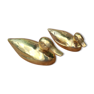 Duo of vintage ducks in golden brass