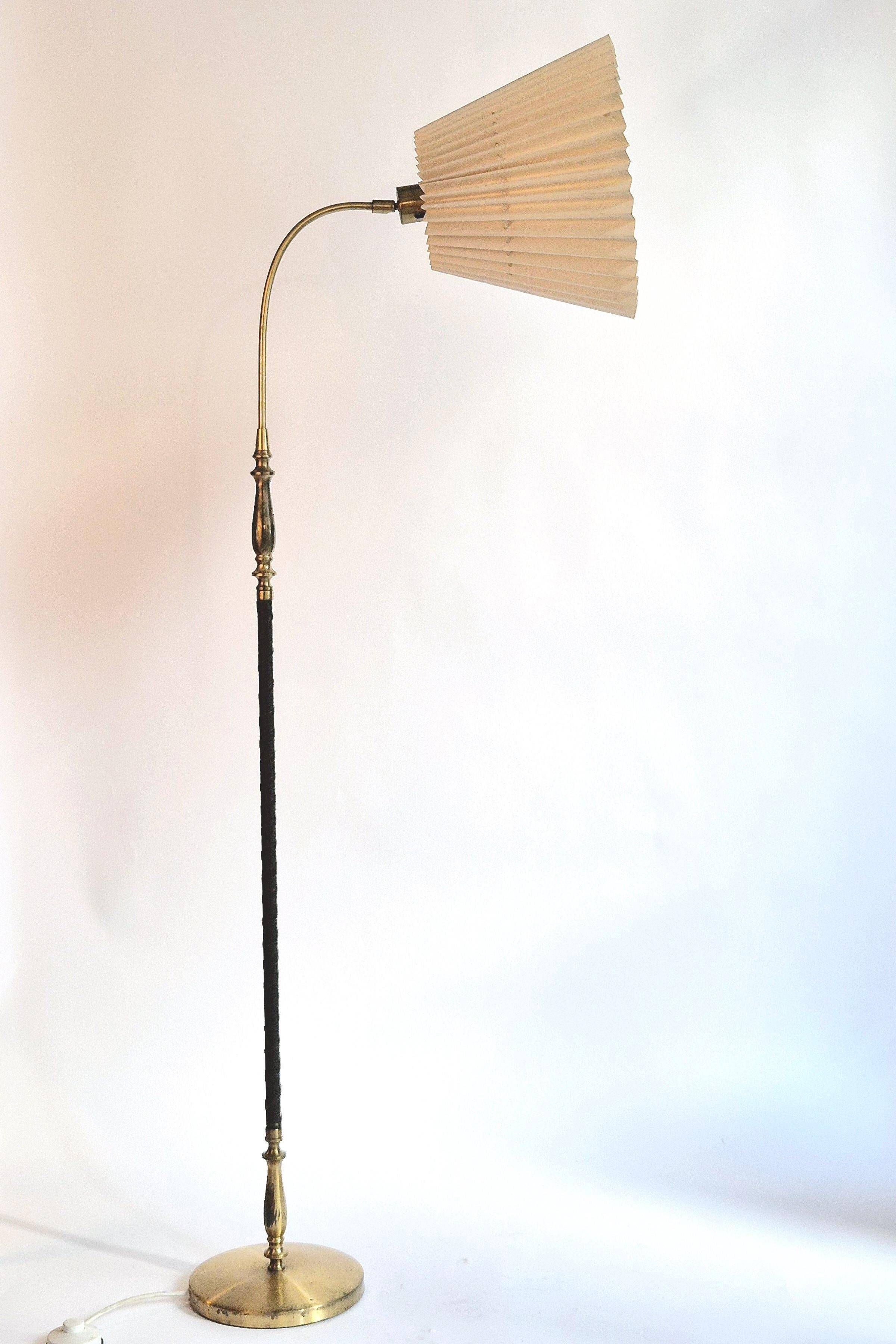 Brass floor lamp with dark brown leather trim, Swedish / Scandinavian Modernity