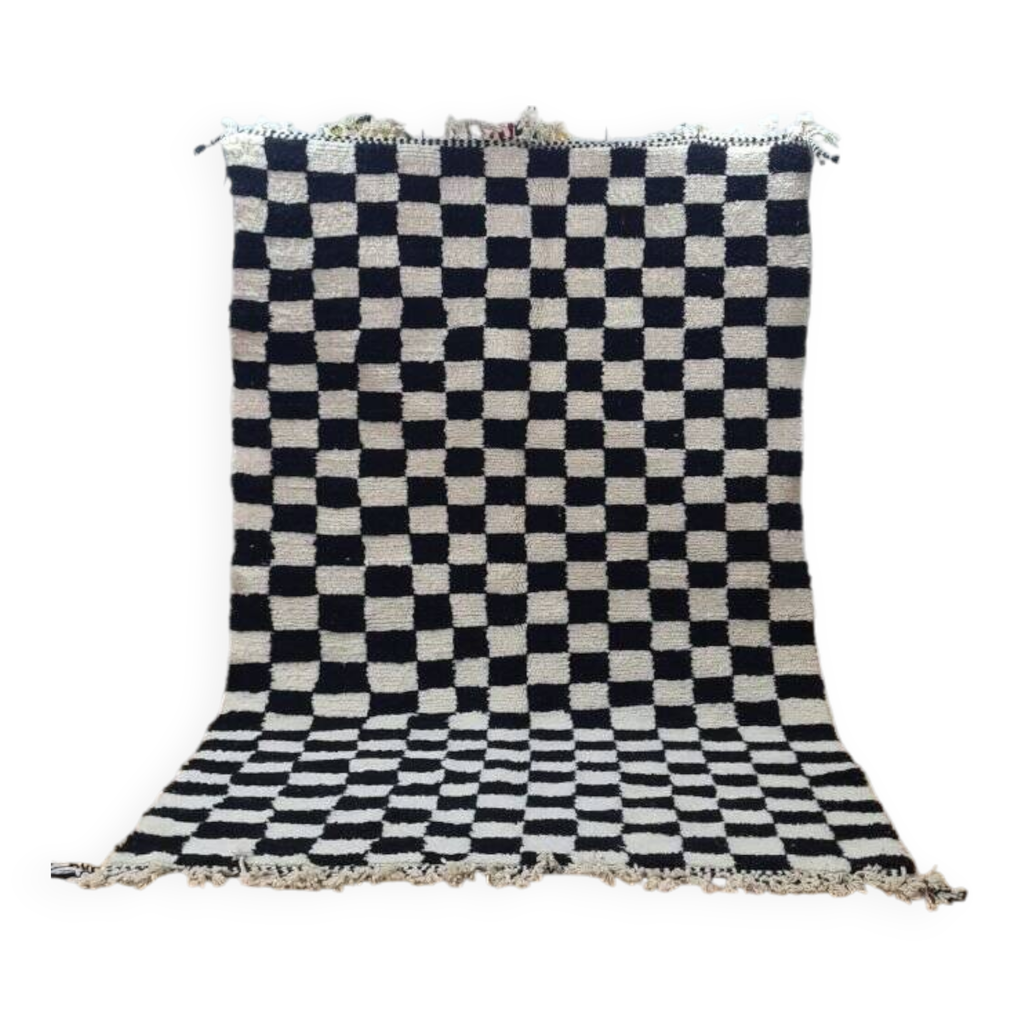 Modern Moroccan Beni Ouarain Rug with Black and White Tile Pattern – Hand Woven Wool Rug