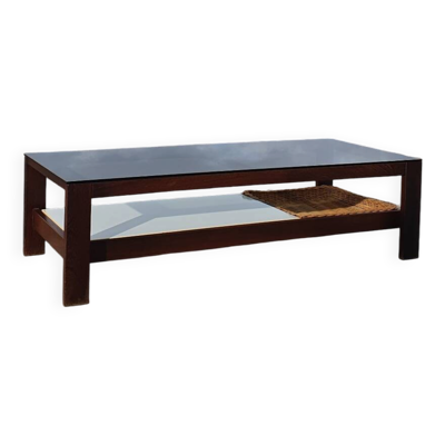 Table basse vintage des années 1970 137 cm wengé verre fumé panier en osier
