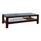Vintage 1970s coffee table 137 cm wenge smoked glass  wicker basket