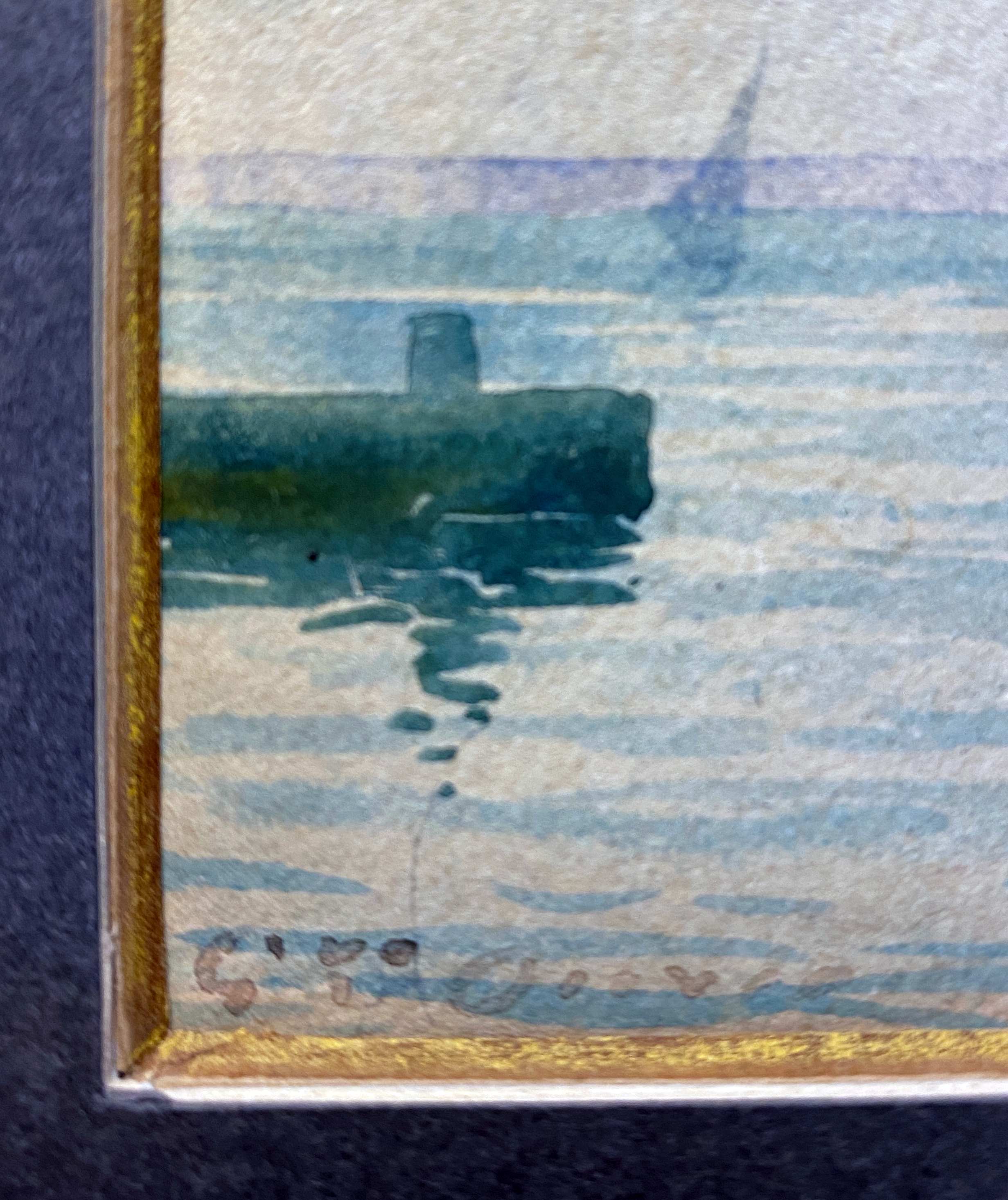 Watercolor marine painting "sailboat leaving the port" signed + frame 1900