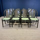 Set of 12 Baumann Argos bistro chairs in wood and green fabric from the 80s France