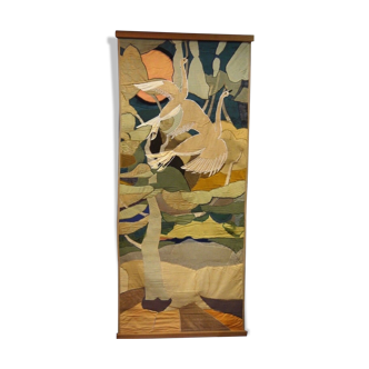 Tapisserie et soie a decor d'oiseaux 1930 decoupage geometrique en l'etat