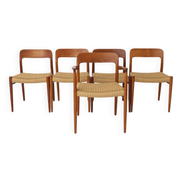 5 chaises Niels Moller, modèle 75, années 1950, teck vintage danois