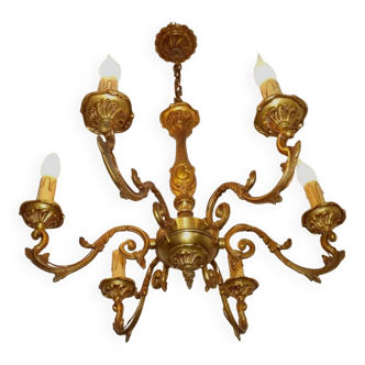 Lustre français vintage traditionnel en bronze à 6 lumières, détail de feuille d'acanthe 4565