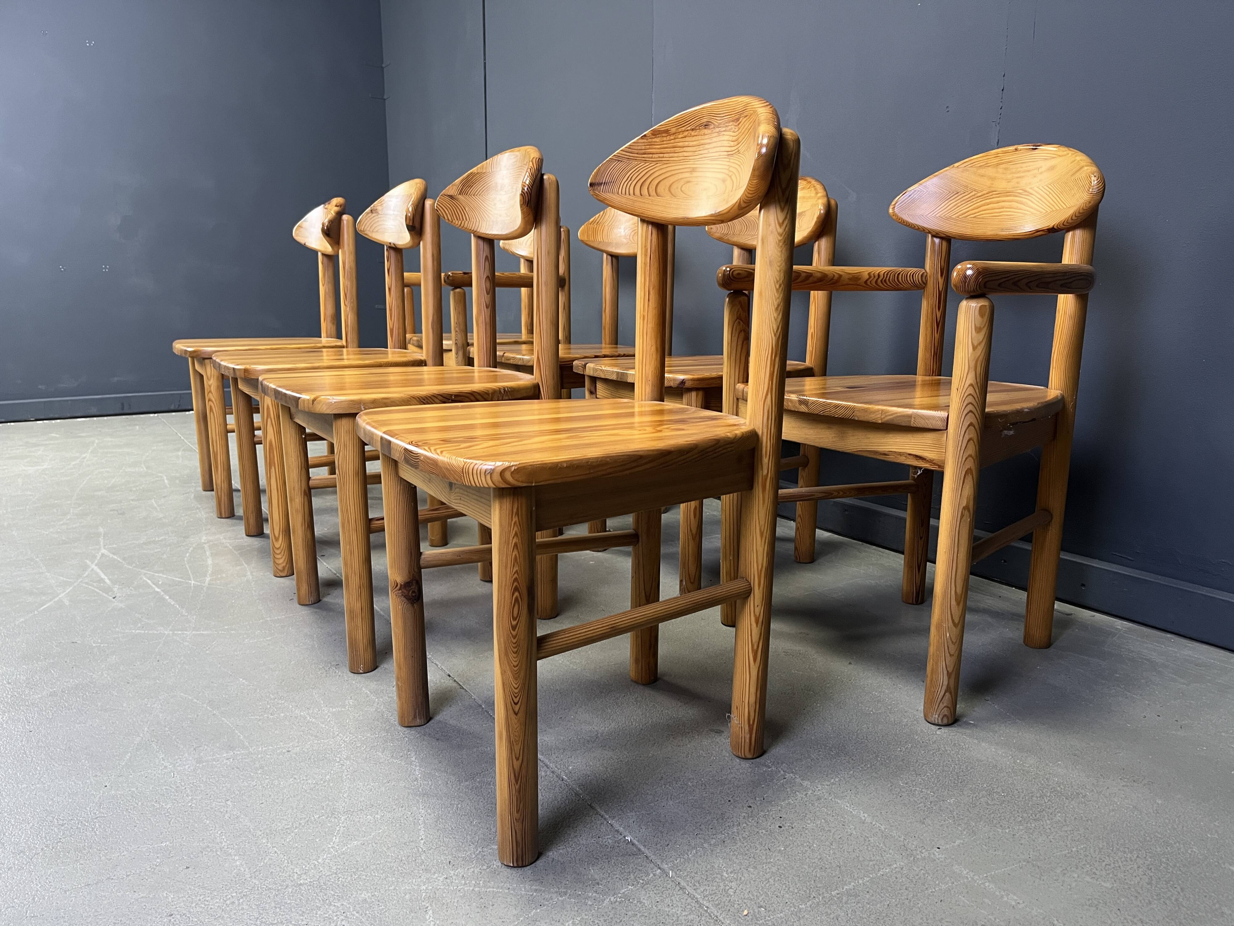 Vintage pine wood dining chairs - 1980s - set of 8