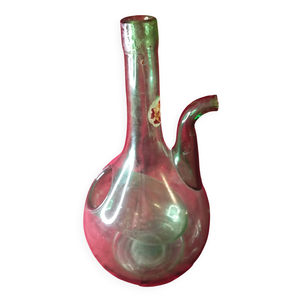 Ancienne Carafe En Verre Soufflé émaillé - France - Décor XXème - Usure Sur Bouchon