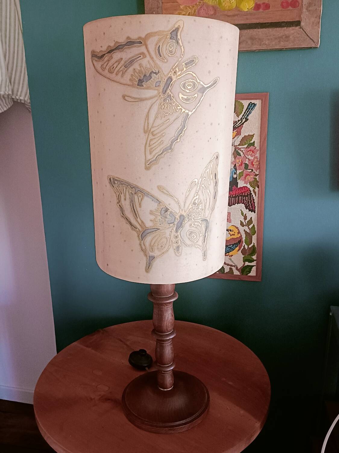 Turned wood lamp and silk lampshade