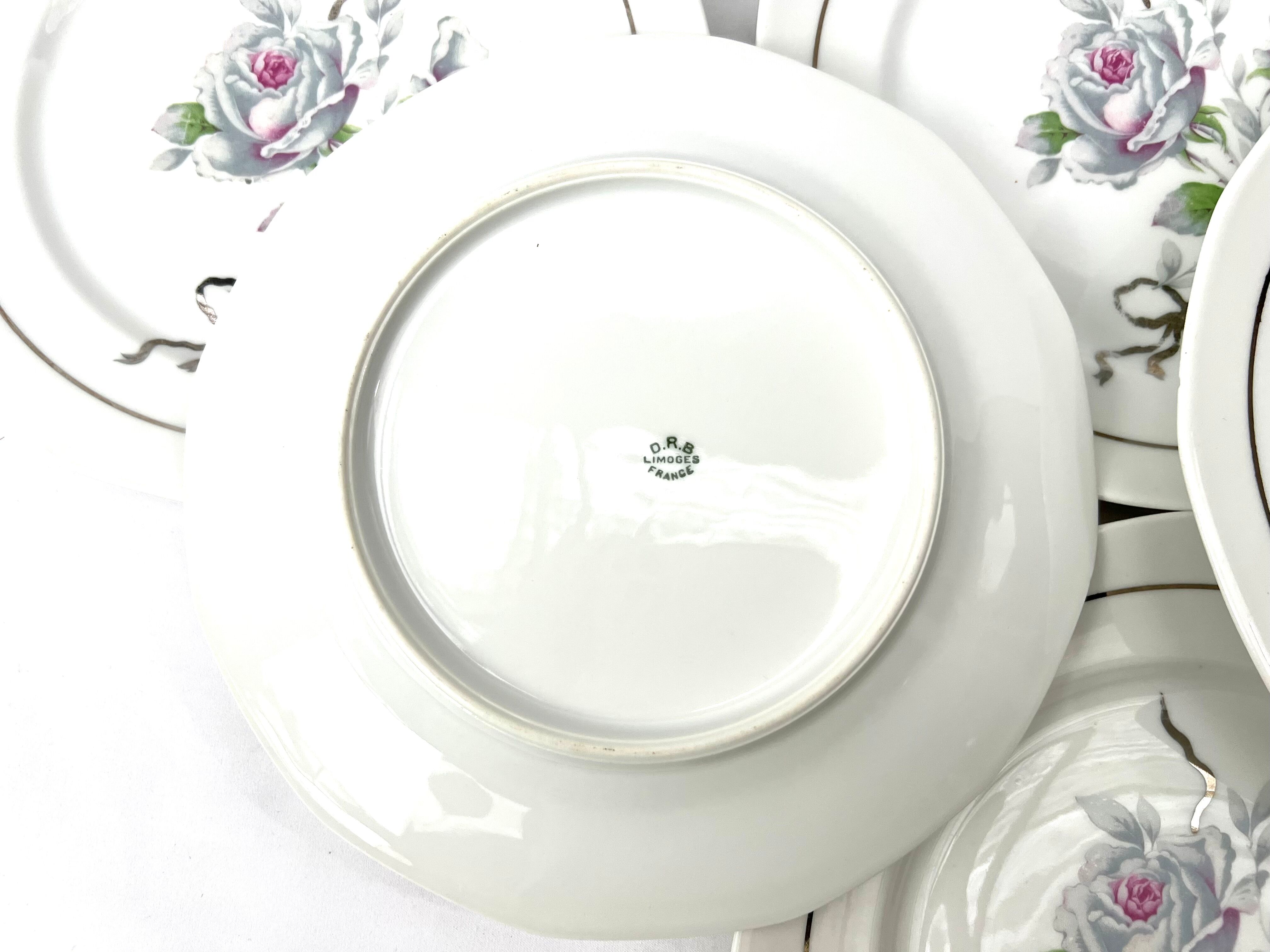 6 assiettes plates fleur rose porcelaine Limoges shabby