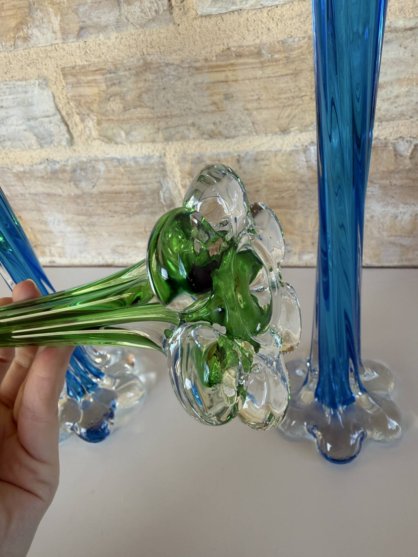 Trio de soliflore vase Murano vintage – verre soufflé bleu & vert – It