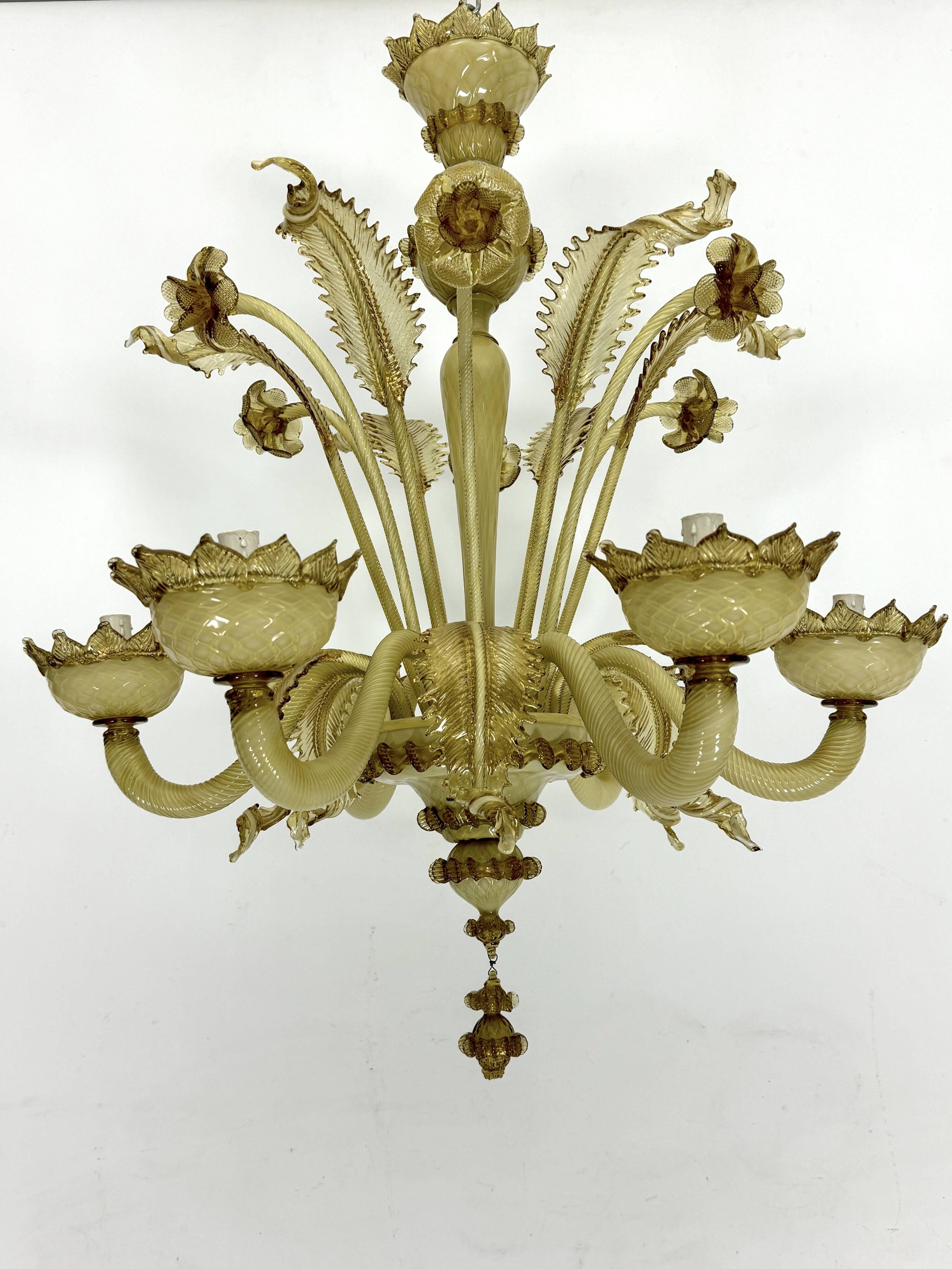 Vintage 6 arms handcrafted floral Murano glass chandelier with gold. Italy 1950s