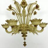 Vintage 6 arms handcrafted floral Murano glass chandelier with gold. Italy 1950s