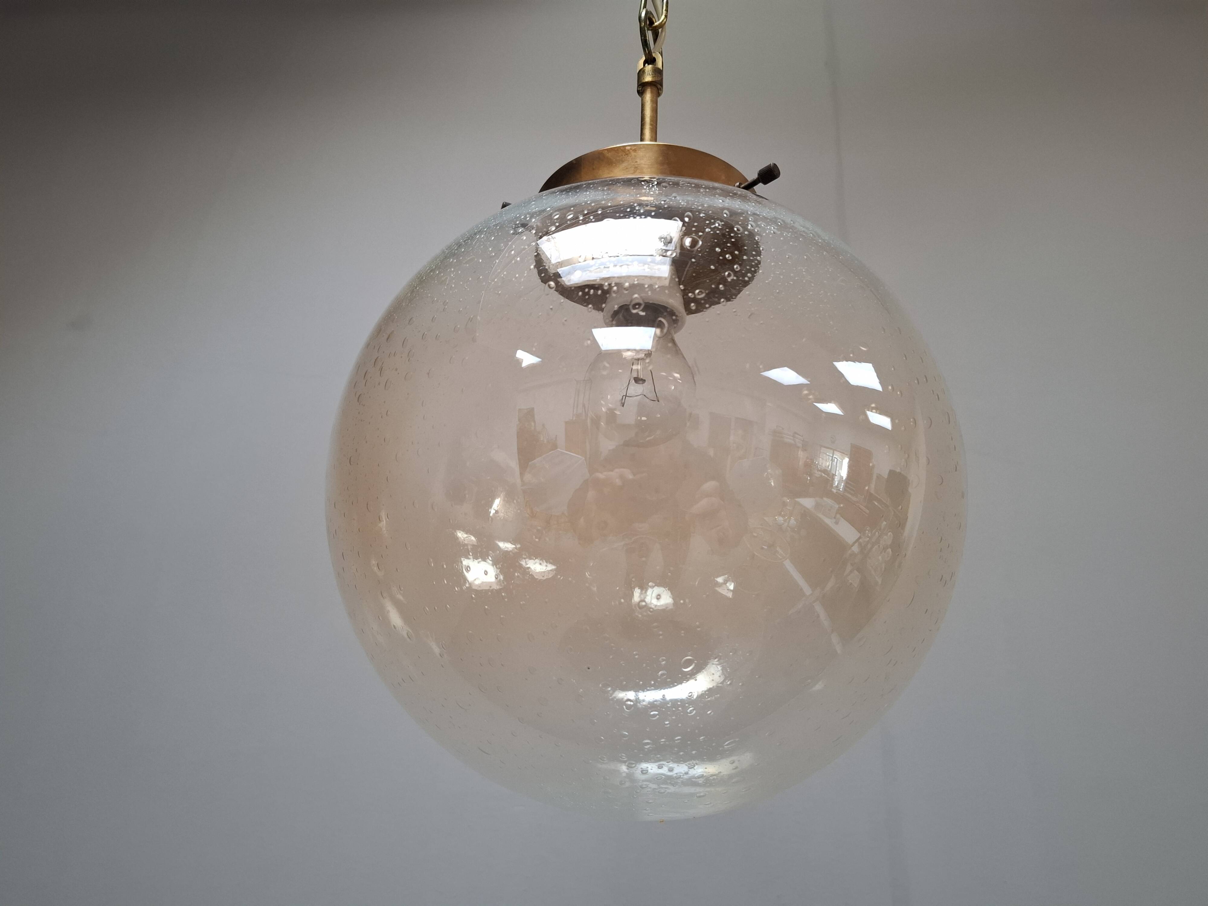 Midcentury Brass and Smoked Bubble Glass Pendant by Kamenický Šenov, 1960s