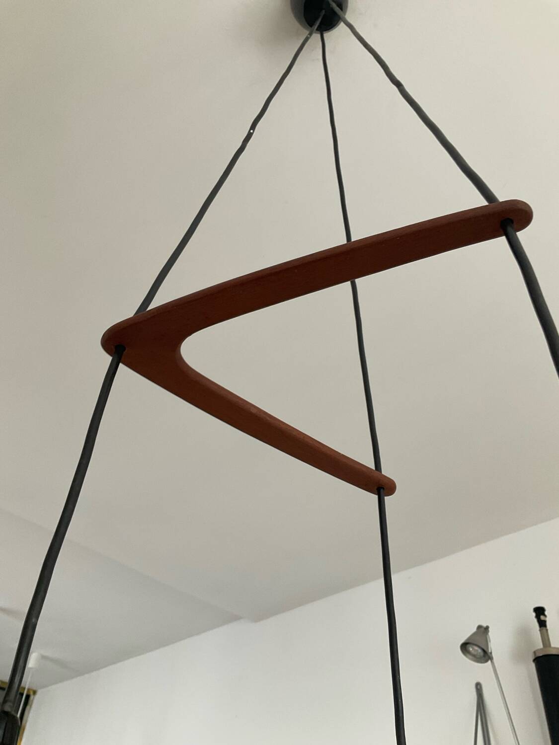 Scandinavian Boomerang chandelier from the 60s in teak, metal and glass