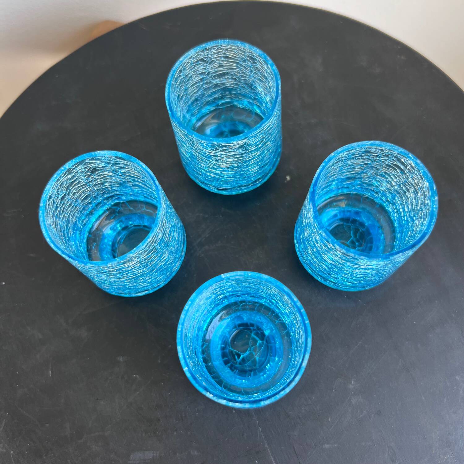 Set of 4 vintage azure blue crackled glass vases – ref. 7239