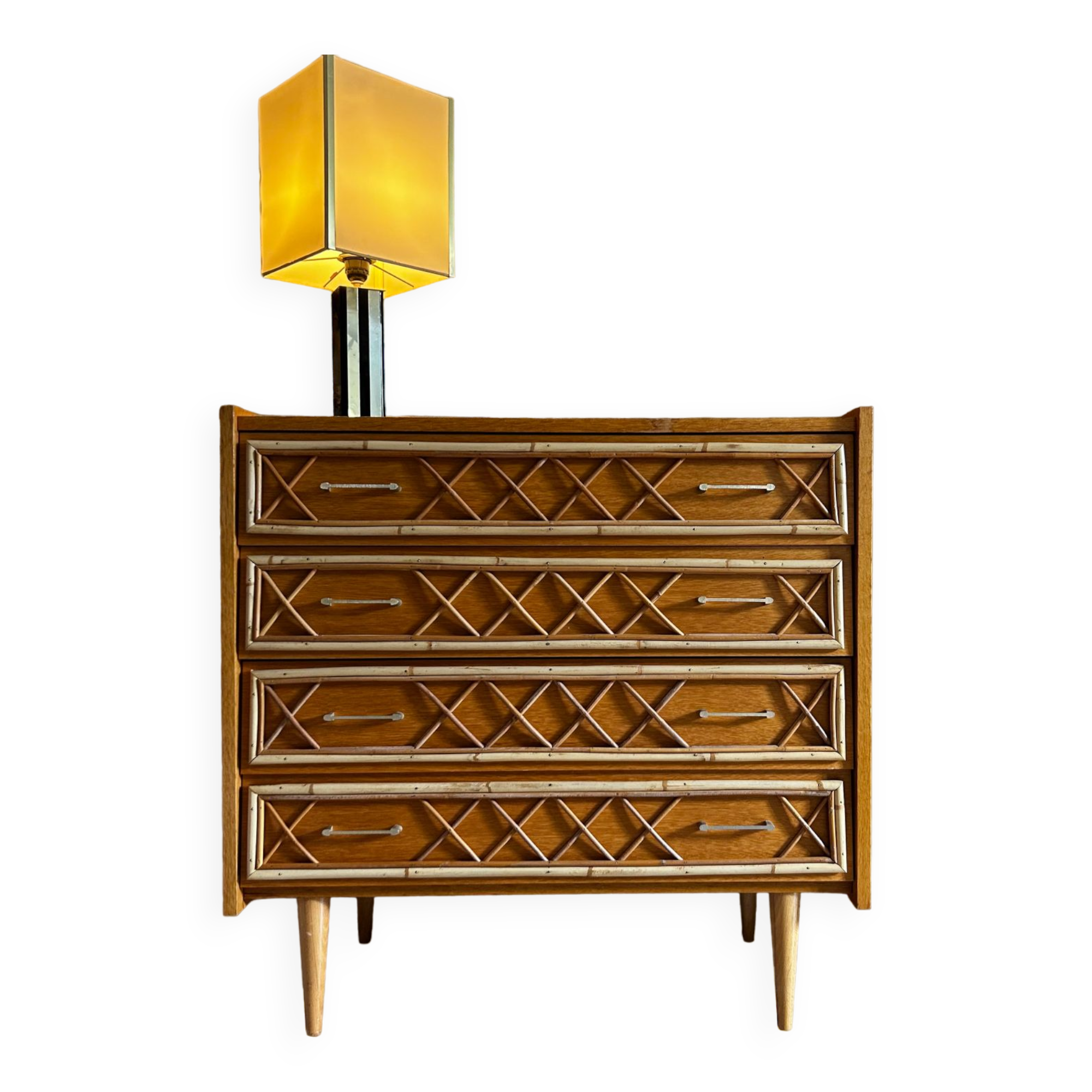 Oak and rattan chest of drawers 1960