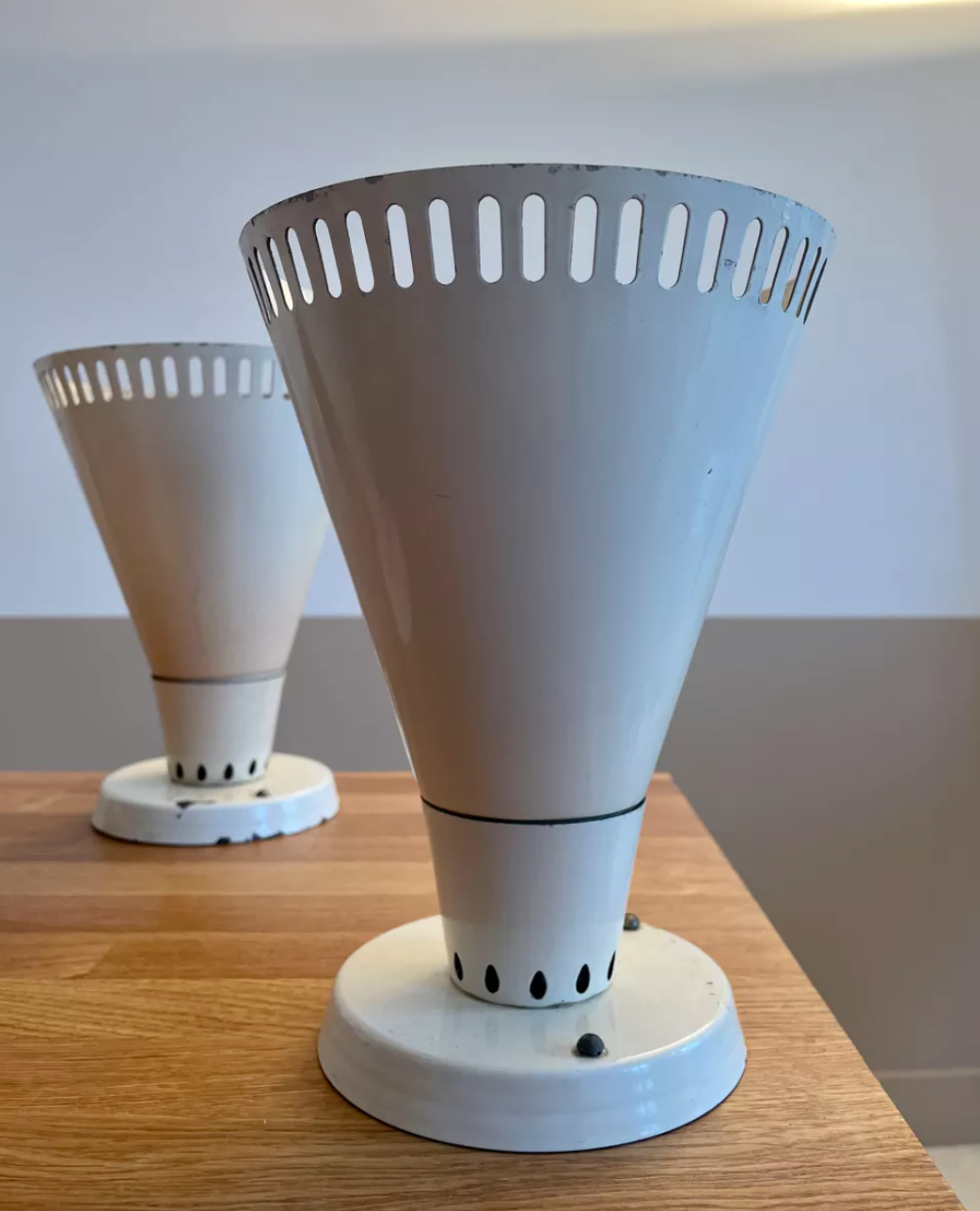 Suite of 3 wall lamps, vintage, white lacquered metal, lita 1970 france