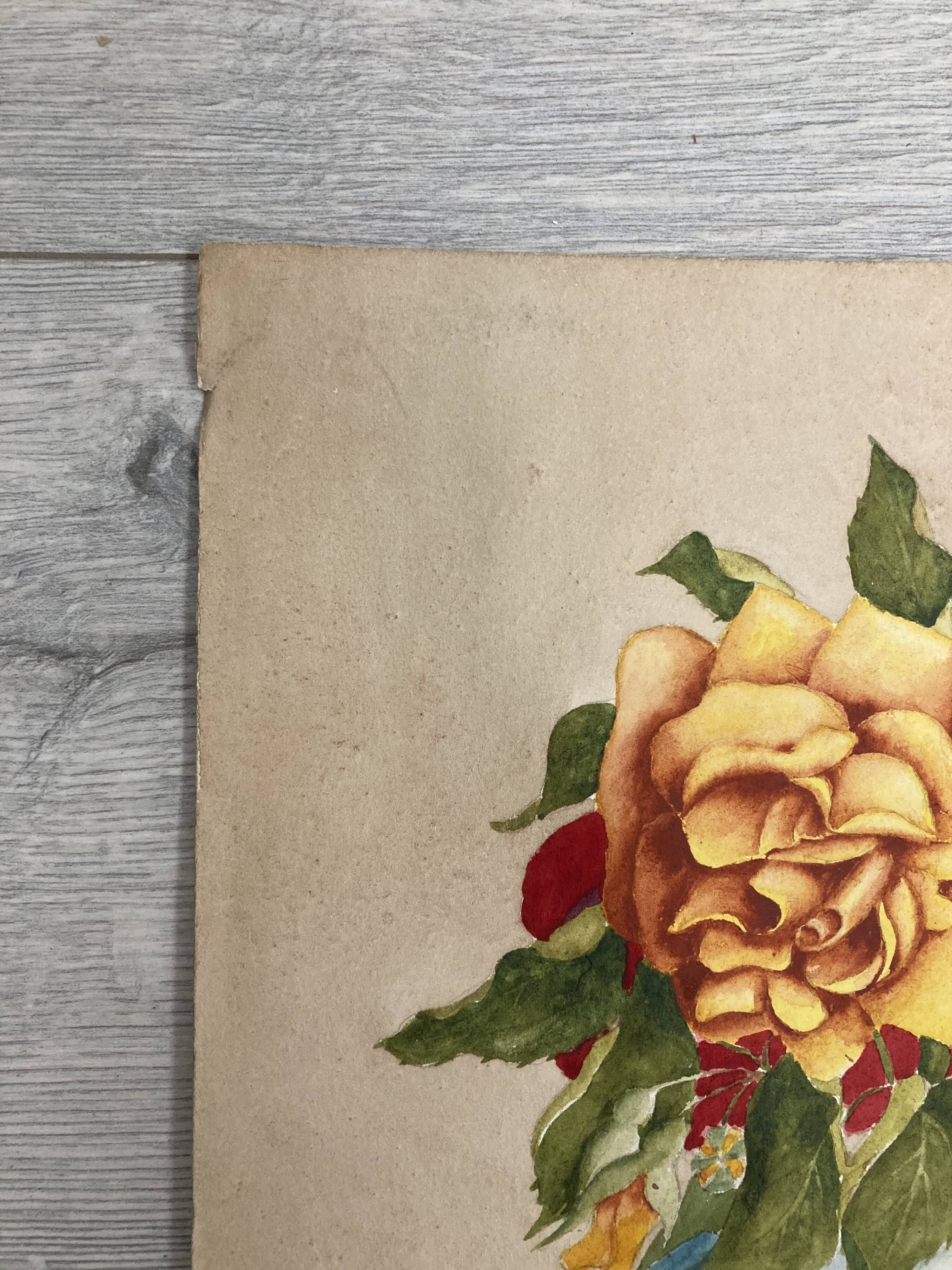 Vintage watercolor with roses in earthenware vase with angel