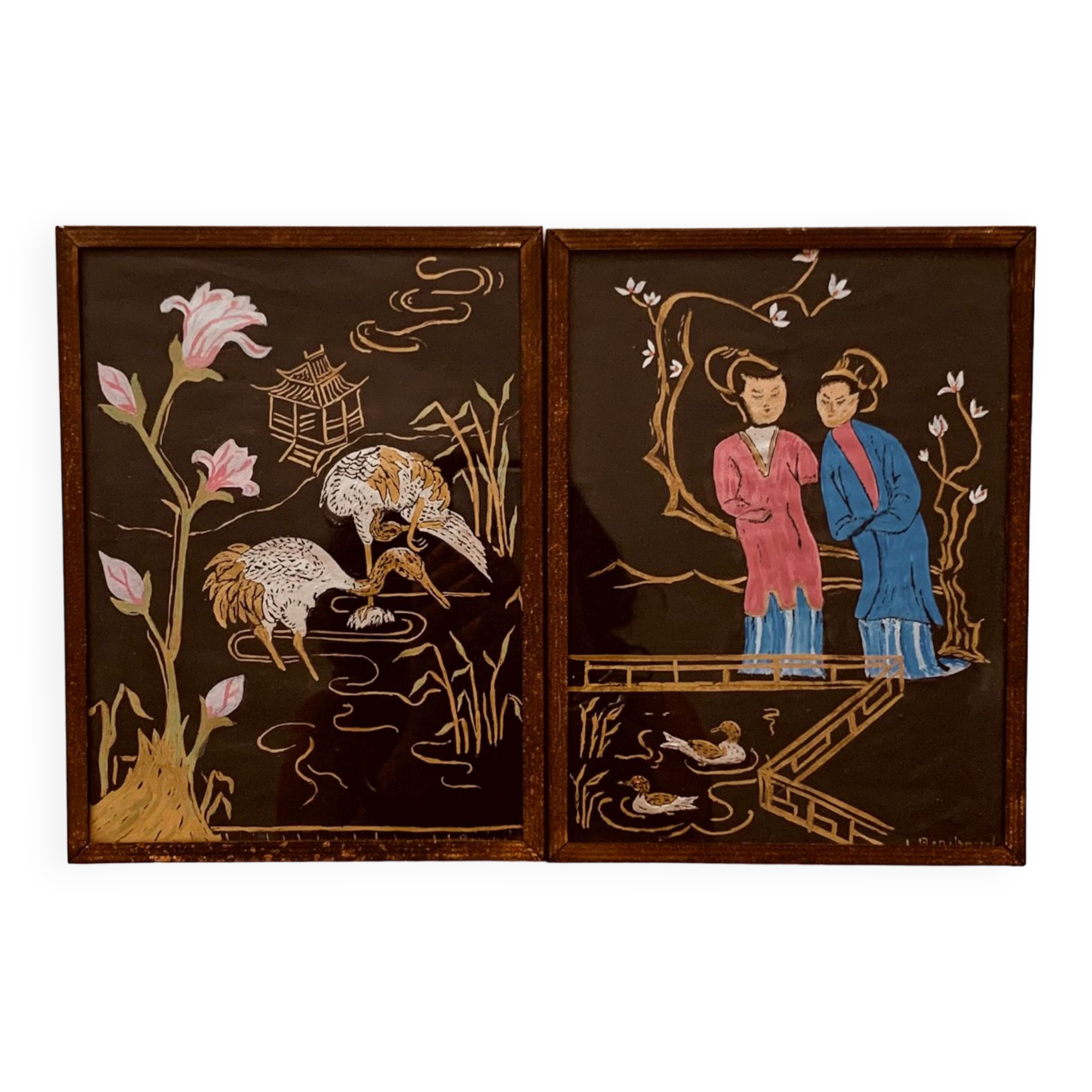 Taille-crayon Chinois Vintage En Bois Peint Des Années 1960 – Motif Oiseaux, Pour Collection