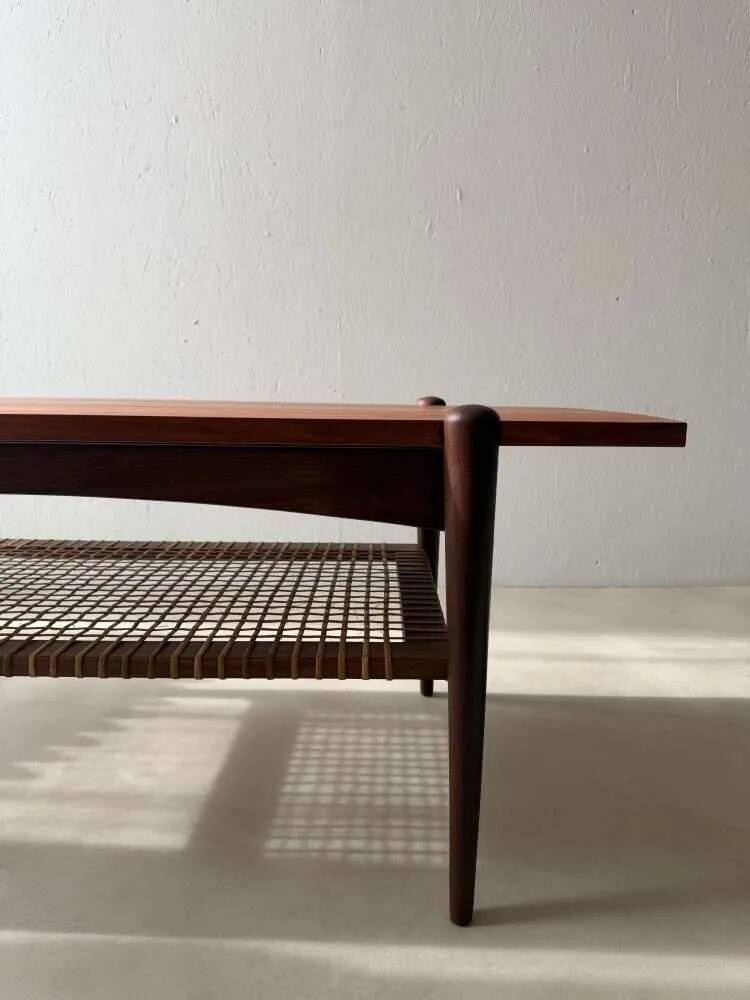 Vintage Creafort coffee table 1960s teak with rattan magazine shelf