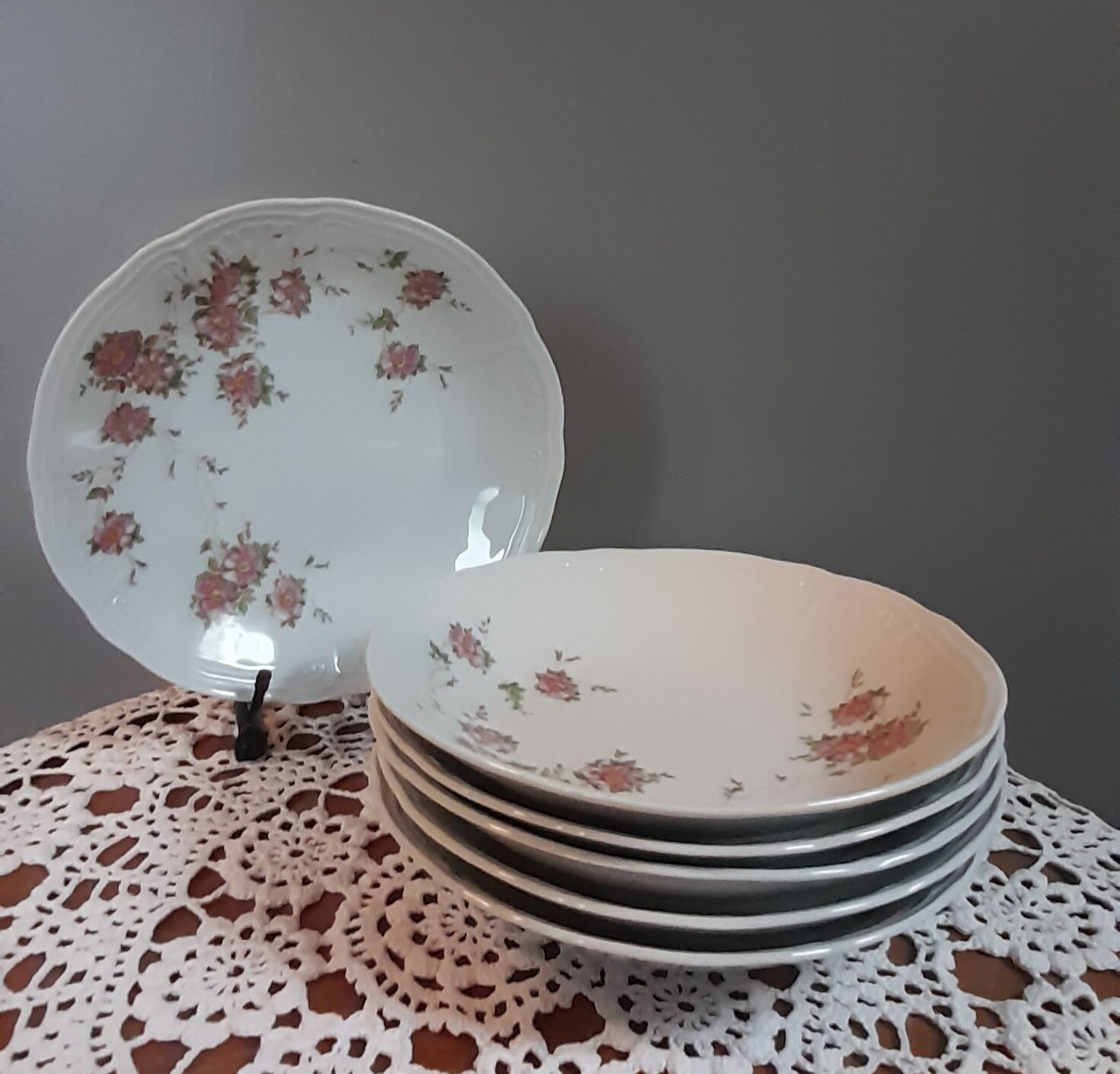 Lot d'assiettes creuses Badonviller rouge – Vaisselle vintage bistrot fleur porcelaine opaque - France