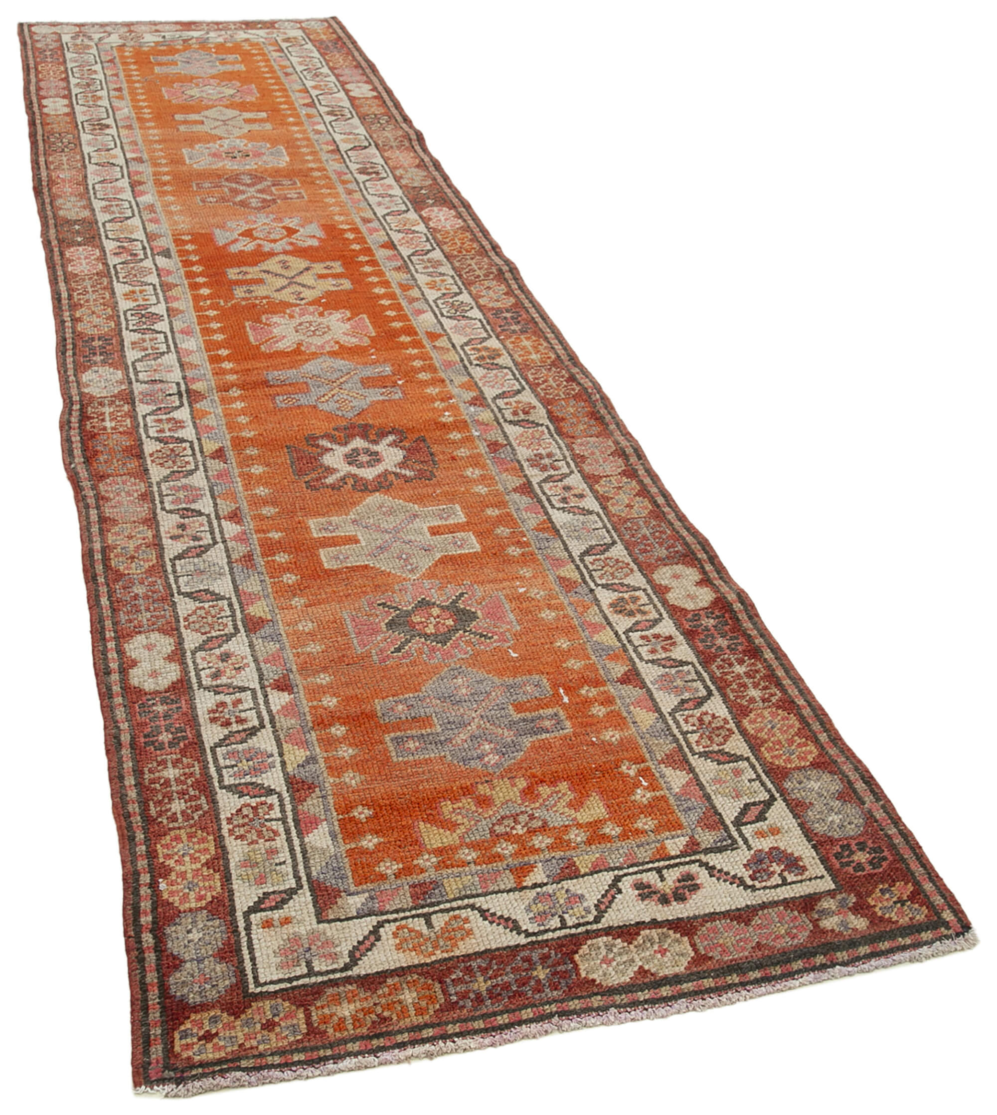 Hand-knotted distressed turkish red runner carpet 95 cm x 365 cm