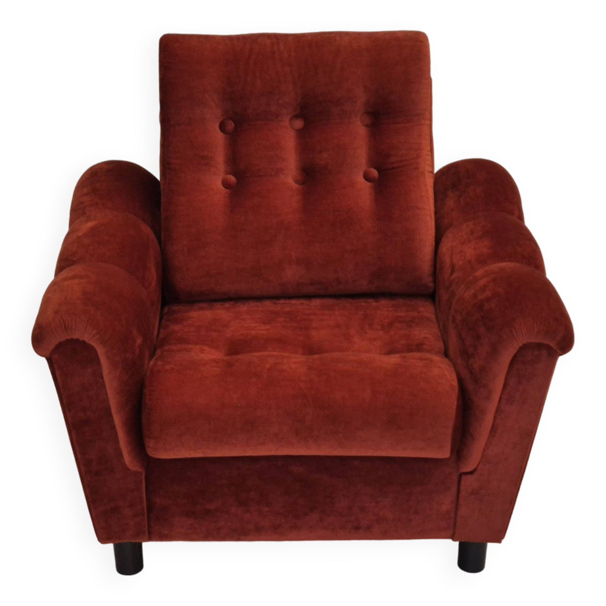 Années 1980, fauteuil relax danois meuble en velours marron/rouge.