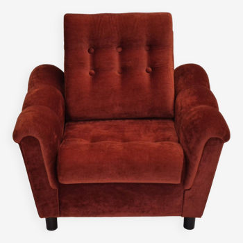 Années 1980, fauteuil relax danois meuble en velours marron/rouge.