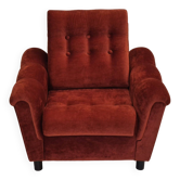 Années 1980, fauteuil relax danois meuble en velours marron/rouge.