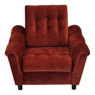Années 1980, fauteuil relax danois meuble en velours marron/rouge.