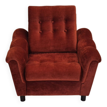Années 1980, fauteuil relax danois meuble en velours marron/rouge.