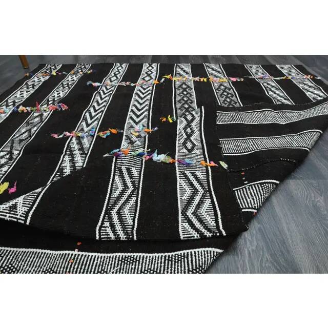 1970s Vintage Turkish Oushak Handmade Wool Cotton Black Runner Rug 169x190