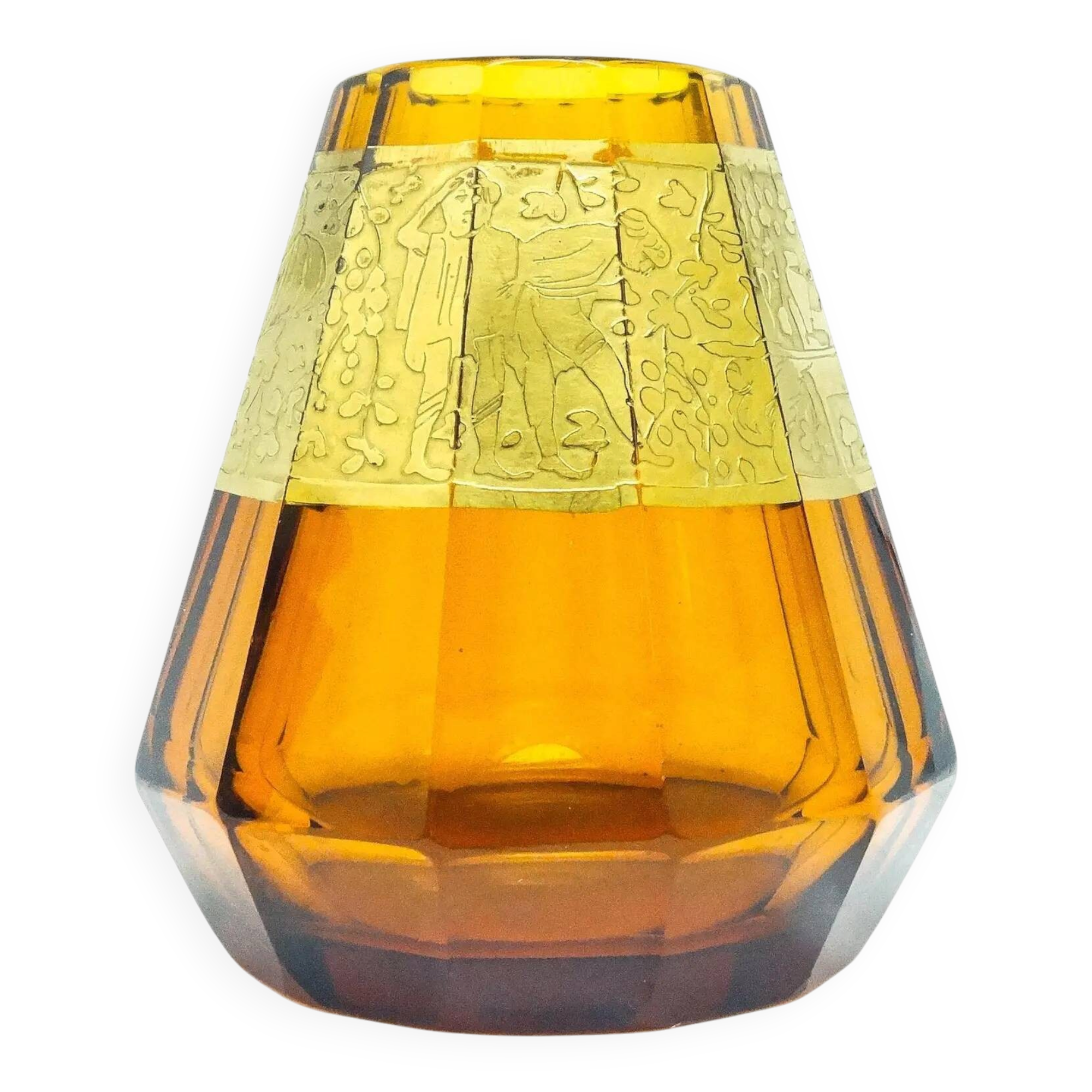 Art Deco vase, honey glass, oroplastic, Czechoslovakia, 1930s