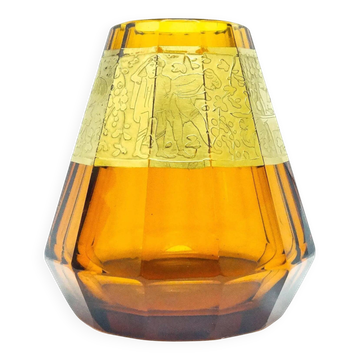 Art Deco vase, honey glass, oroplastic, Czechoslovakia, 1930s