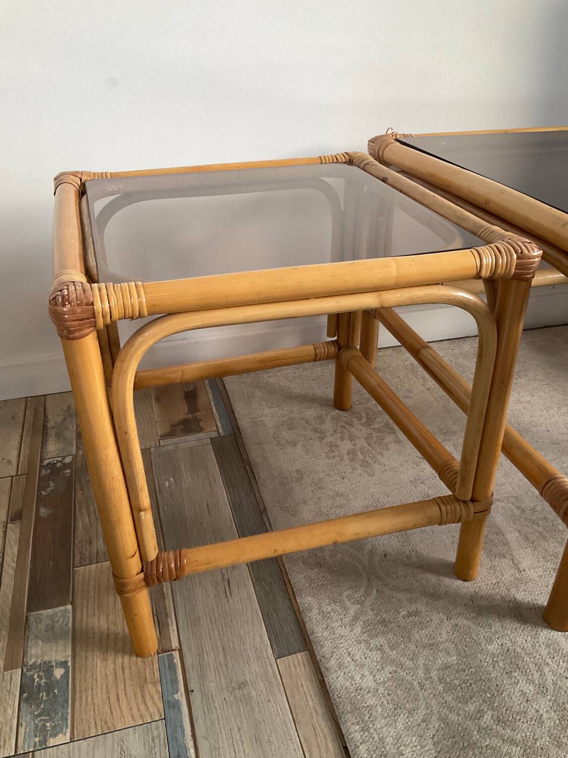 Duo of vintage rattan coffee tables from the 60s-70s