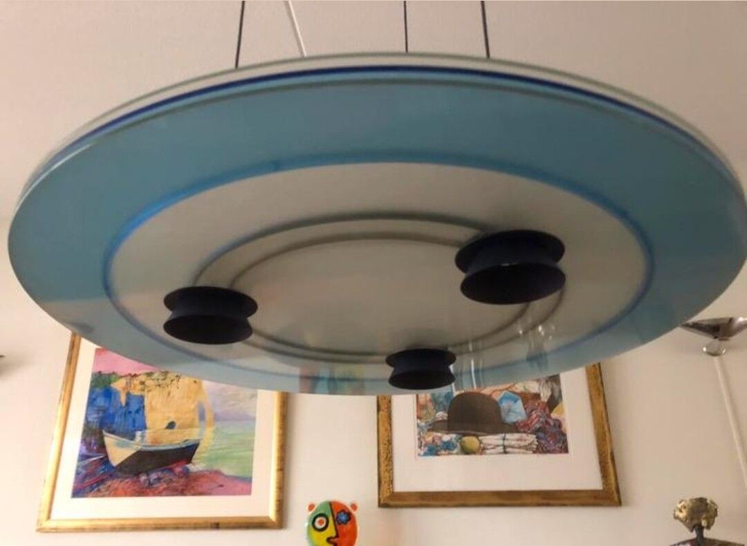 Post-modern halogen pendant light "urora" by Perry King for Arteluce, Italy, 1980