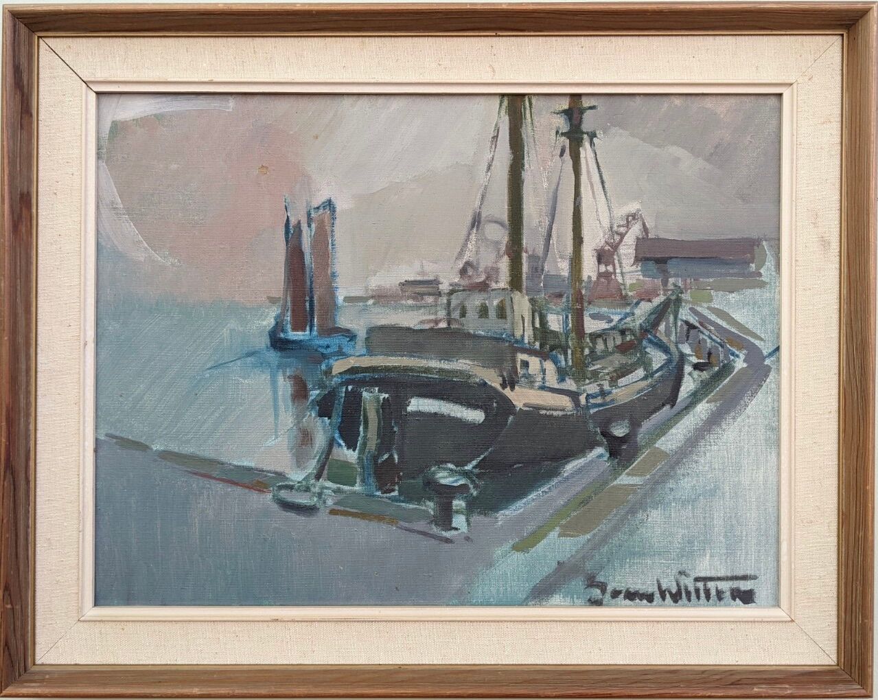 Mid 20th Century "Harbour Sundown" Swedish Modernist Coastal Scape Oil Painting, Framed